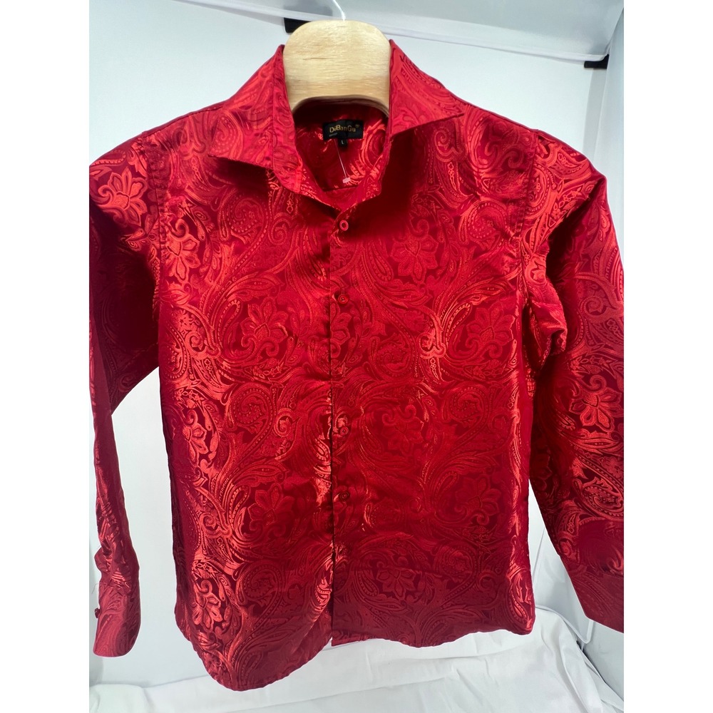 DiBanGu Red Paisley Jacquard Button Up Shirt Long Sleeve Men Large